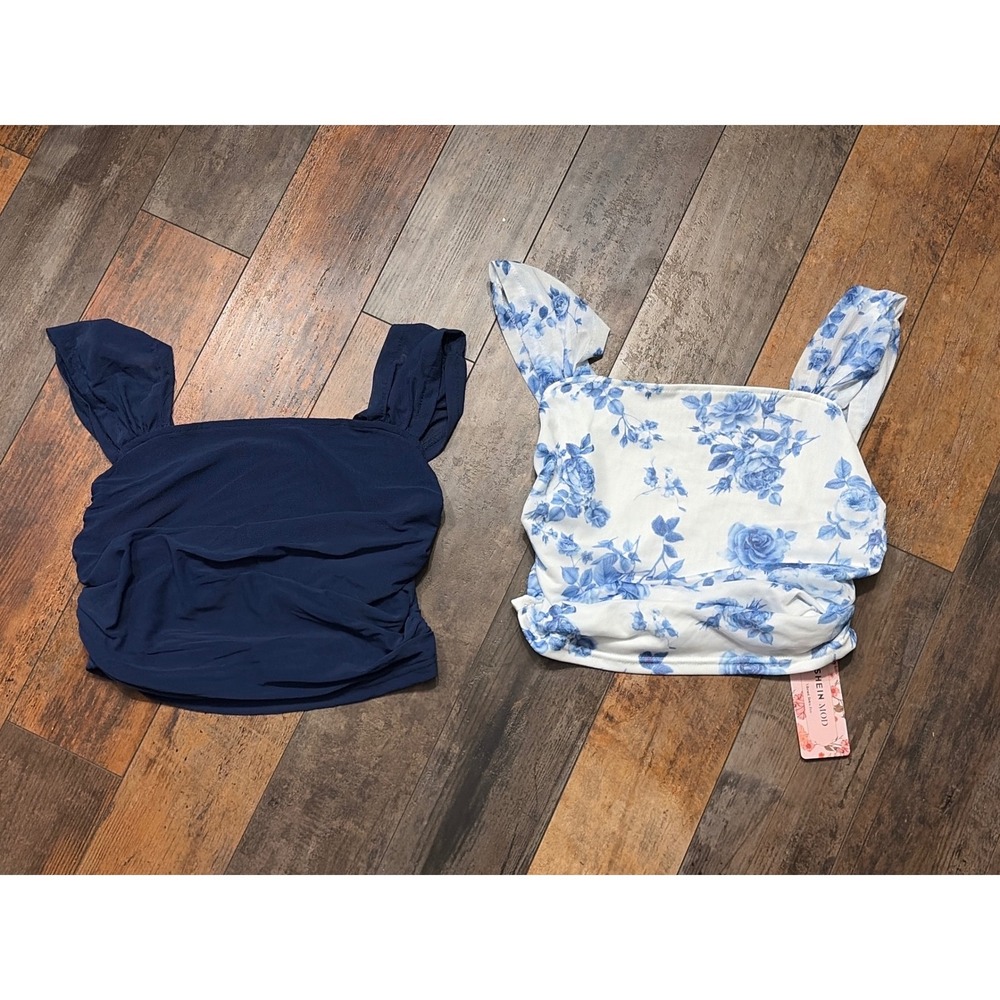 Shein Mod Women Ruched Crop Top Bundle Navy Blue and Floral Rose Print Sz Large